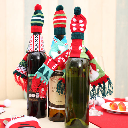 Santa Claus Reindeer & Christmas Tree Hat & Scarf Wine Bottle Cover