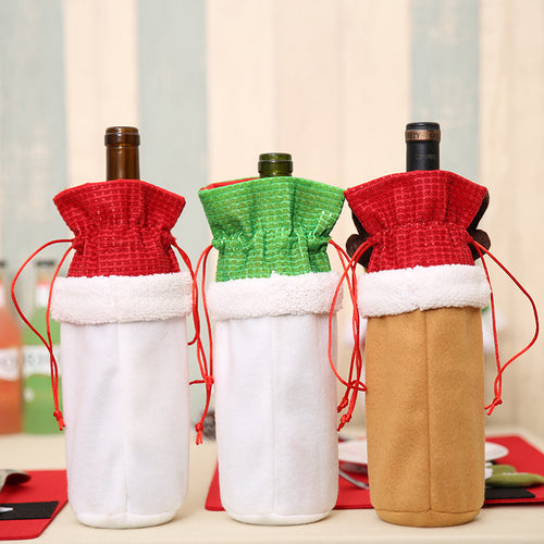 Christmas Santa Claus Reindeer Snowman Drawstring Wine Bottle Cover