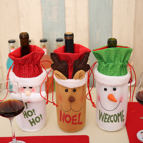 Christmas Santa Claus Reindeer Snowman Drawstring Wine Bottle Cover