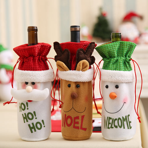 Christmas Santa Claus Reindeer Snowman Drawstring Wine Bottle Cover