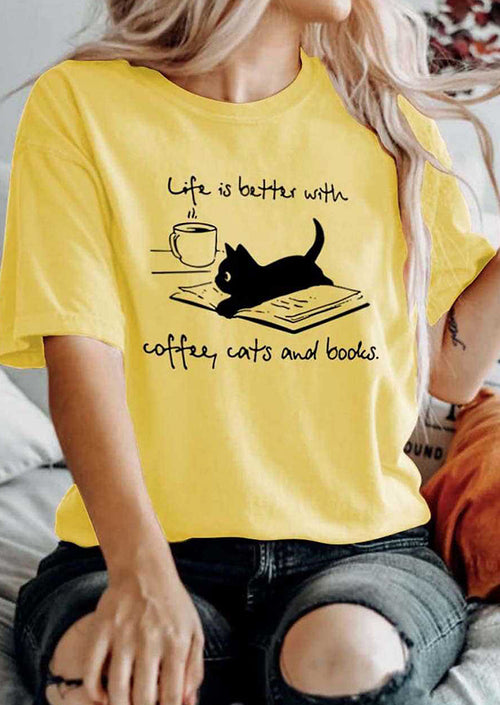 Life is Better with Coffee Cats & Books Printed T-shirt