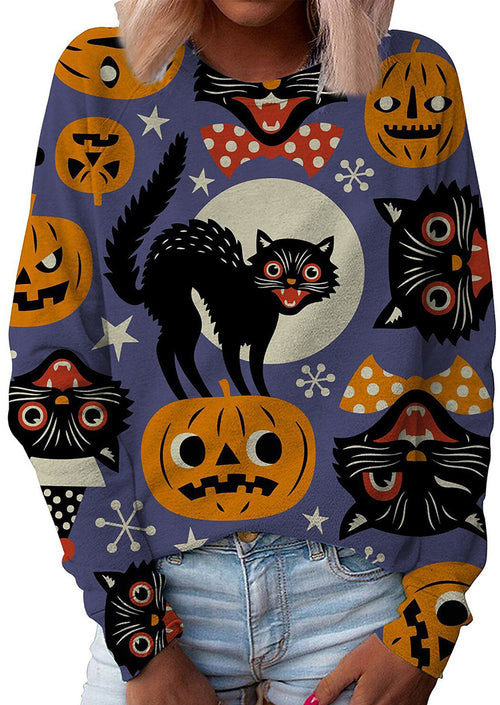 Cute Black Halloween Cat Print Long Sleeve