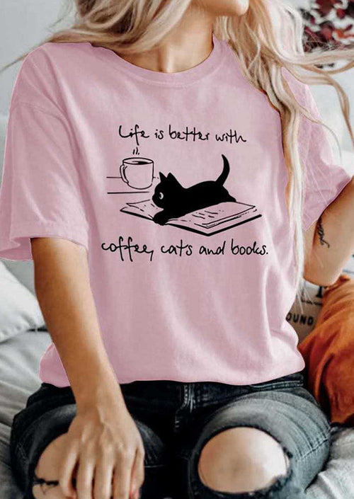 Life is Better with Coffee Cats & Books Printed T-shirt