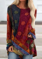 Retro Ethnic Style Printed Loose Long Sleeve Round Neck T-Shirt