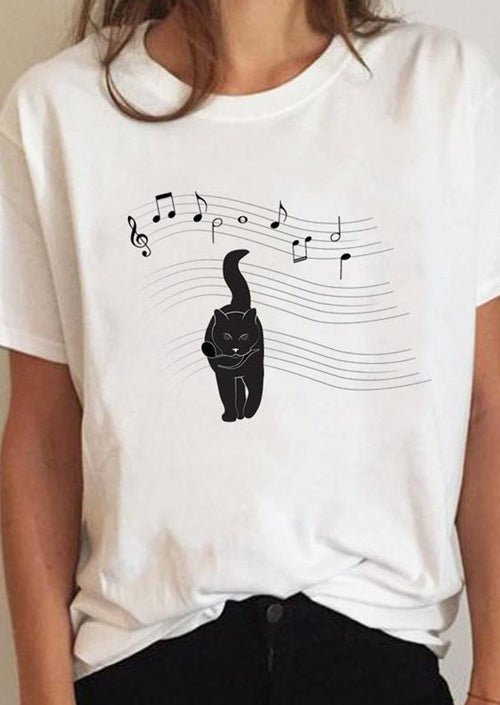 Cat Printed White T-Shirt