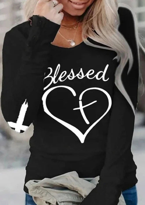 Simple Drawing Heart Shape And Blessing Printed Women's Long Sleeves