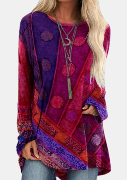 Retro Ethnic Style Printed Loose Long Sleeve Round Neck T-Shirt