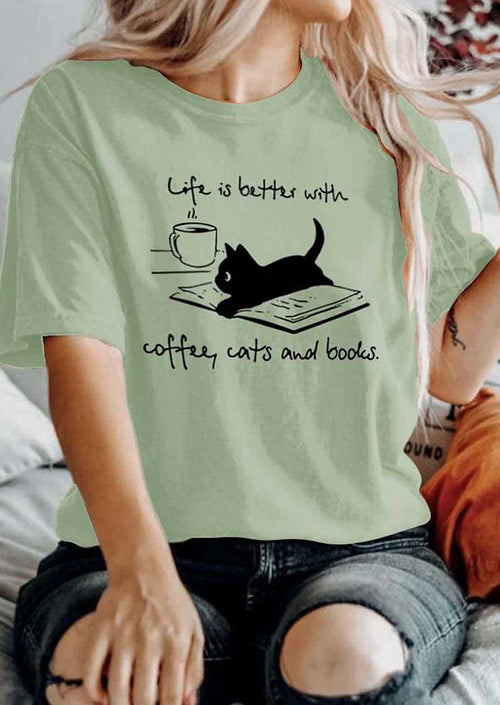 Life is Better with Coffee Cats & Books Printed T-shirt