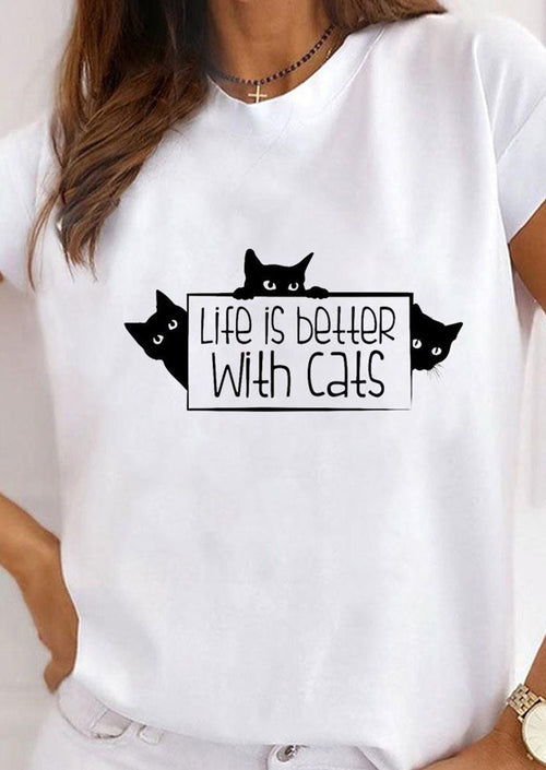 Black Cats Printed White T-shirt