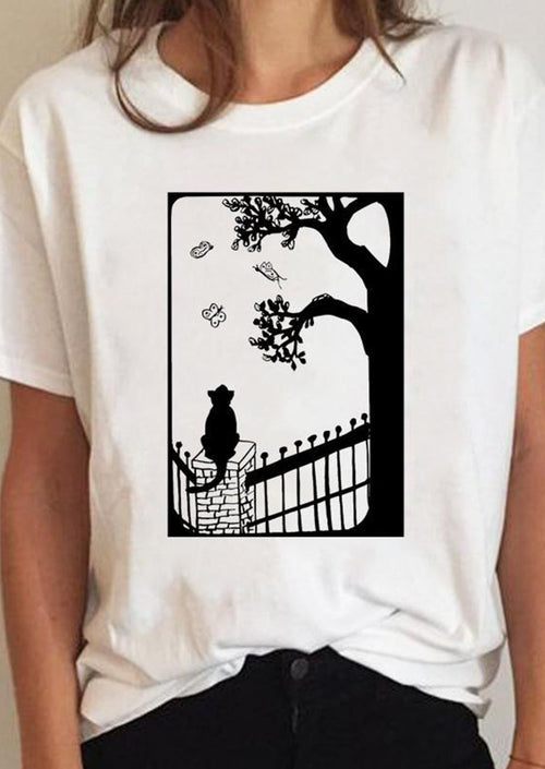 Cat Printed White T-Shirt