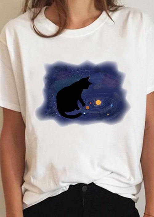 Cat Printed White T-Shirt