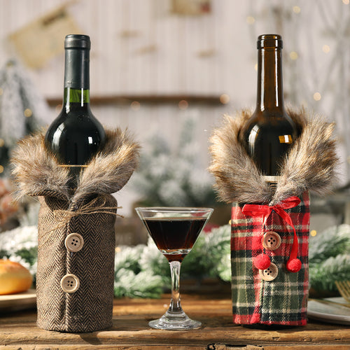 Christmas Fur Collar Button Stripe Plaid Skirt Wine Bottle Cover