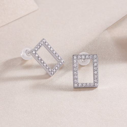 18K White Gold Rectangular Design Stud Earrings with 32 Round Diamonds