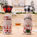 Christmas Forest Elf Checkered Edge Drawstring Wine Bottle Cover