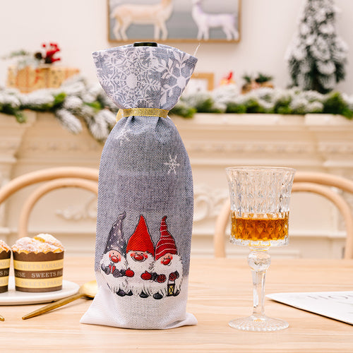 Christmas Three Forest Elves Linen Drawstring Wine Bottle Cover