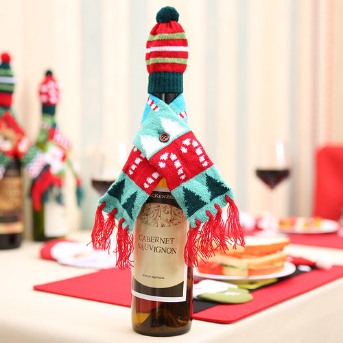 Santa Claus Reindeer & Christmas Tree Hat & Scarf Wine Bottle Cover