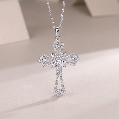 18K White Gold Shimmering Crucifix Pendant Necklace with 92 Round Diamonds for Women