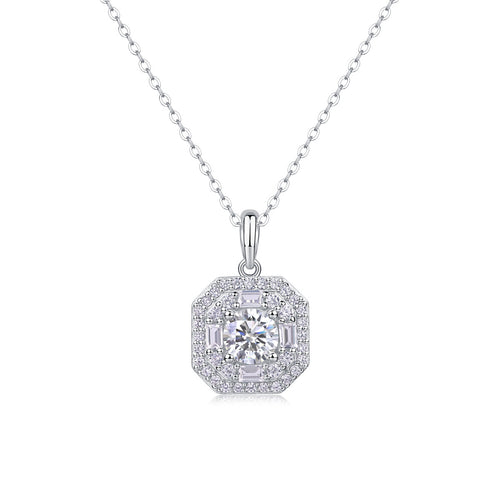 18K White Gold Shimmering Square-Set 1 Carat Round Diamond Pendant Necklace