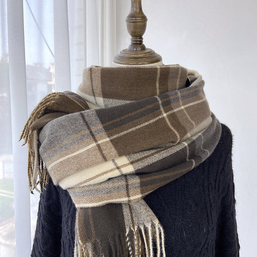 Winter Warm Contrast-Color Plaid Fringe Scarf Shawl