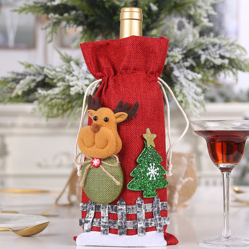 Christmas Reindeer & Snowman Linen Drawstring Wine Bottle Cover