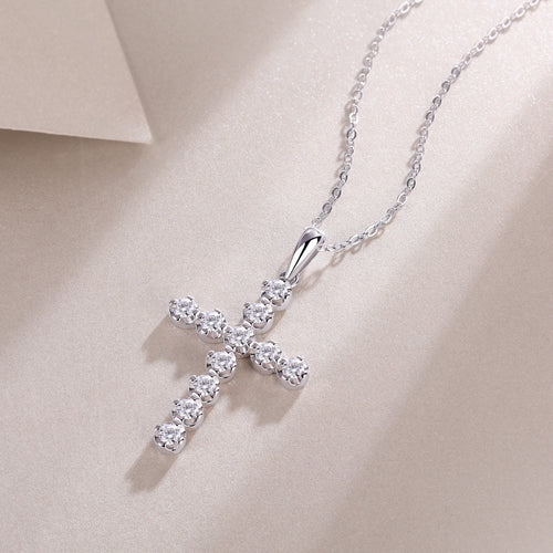 18K White Gold Shimmering Crucifix Pendant Necklace with 11 Round Diamonds for Women