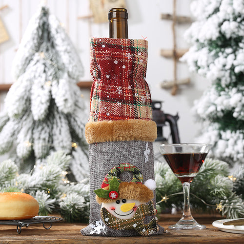 Christmas Cartoon Checkered Linen Drawstring Bottle Cover