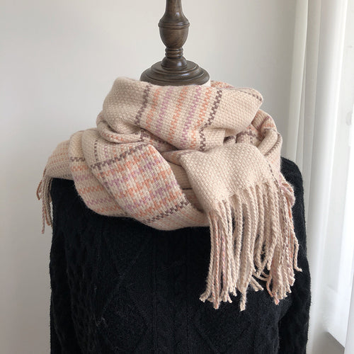 Women's Winter Warm Striped Checked Fringe Scarf Shawl