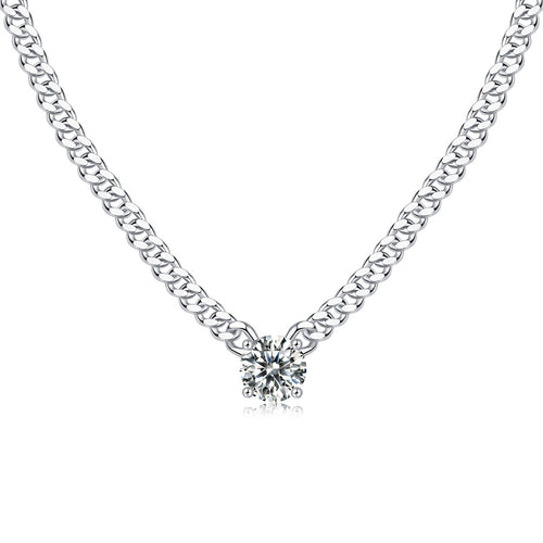 18K White Gold Cuban Link Chain with Four-Prong Round Diamonds for Women