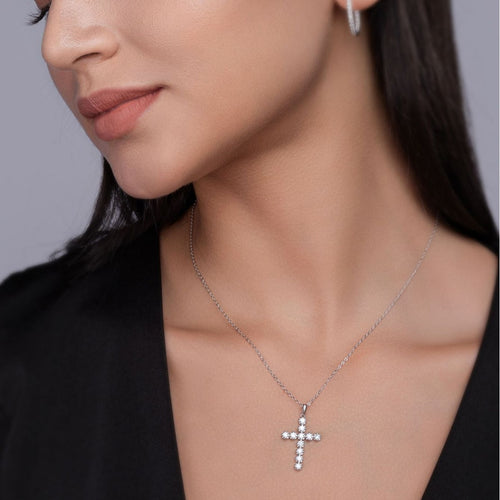 18K White Gold Shimmering Crucifix Pendant Necklace with 11 Round Diamonds for Women