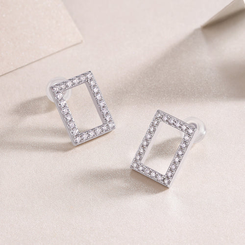 18K White Gold Rectangular Design Stud Earrings with 32 Round Diamonds