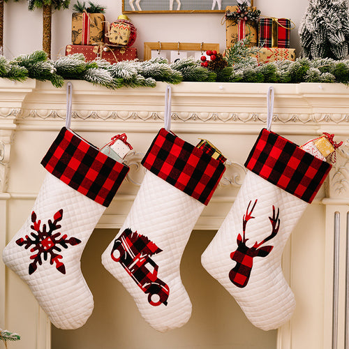 Christmas Red & Black Checkered Cartoon Pattern White Gift Socks