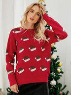 Christmas Hat Cartoon Pattern Crew Neck Knitted Sweater