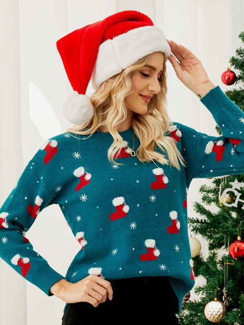 Christmas Hat Cartoon Pattern Crew Neck Knitted Sweater