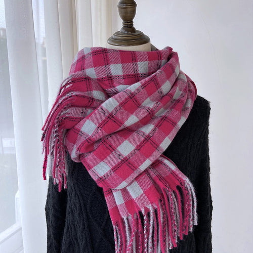 Winter Warm Contrast-Color Plaid Fringe Scarf Shawl