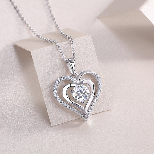 18K White Gold Double-Ring Heart Pendant Necklace with 1 Carat Round Diamond