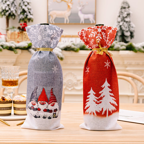 Christmas Three Forest Elves Linen Drawstring Wine Bottle Cover