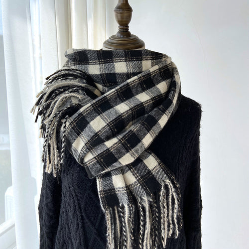 Winter Warm Contrast-Color Plaid Fringe Scarf Shawl