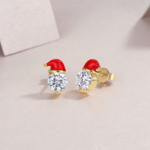 18K Gold Plated Santa Hat 1 Carat Moissanite Stud Earrings