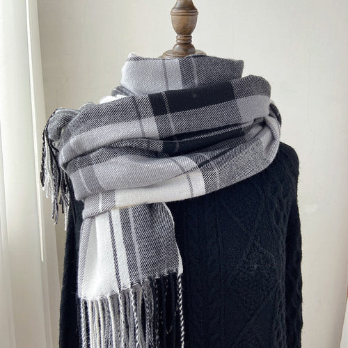 Winter Warm Contrast-Color Plaid Fringe Scarf Shawl