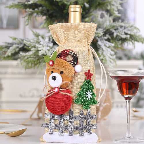 Christmas Reindeer & Snowman Linen Drawstring Wine Bottle Cover