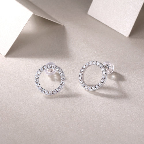 18K White Gold Circle Stud Earrings with 40 Round Diamonds