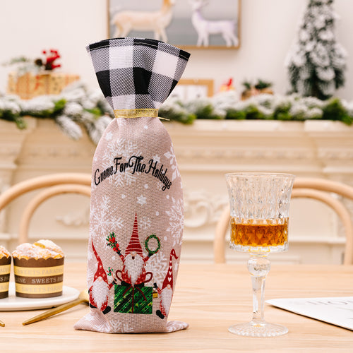 Christmas Forest Elf Checkered Edge Drawstring Wine Bottle Cover