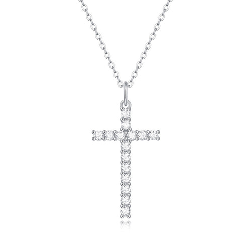 18K White Gold Shimmering Crucifix Pendant Necklace Embellished with 15 Round Diamonds