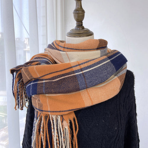 Winter Warm Contrast-Color Plaid Fringe Scarf Shawl