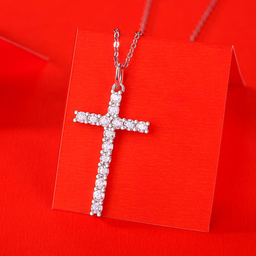 18K White Gold Shimmering Crucifix Pendant Necklace Embellished with 15 Round Diamonds