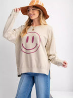 Cartoon Smiley Face Solid Color Round Neck Long Sleeve