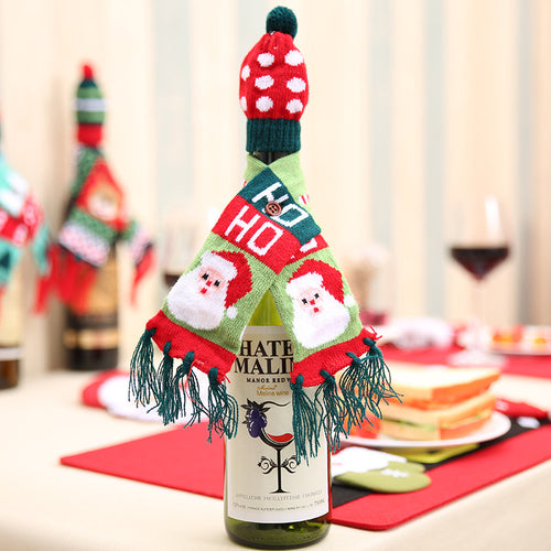 Santa Claus Reindeer & Christmas Tree Hat & Scarf Wine Bottle Cover