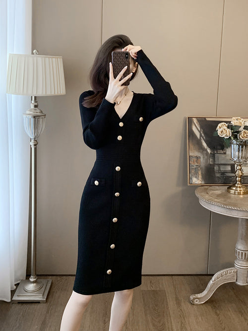 V-Neck Button Slim Knit Dress