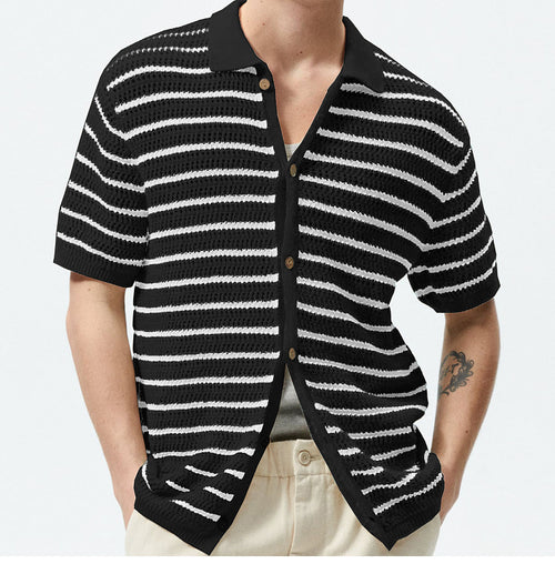 Men's Casual Striped Contrast Color Knitted Polo Shirt