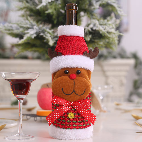 Christmas Santa Claus Reindeer Snowman Plush Edge Wine Bottle Cover